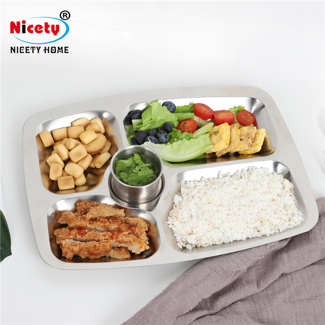 Tableware Divided Metal Food Lunch Tray Stainless Steel 5 Meal Compartments Dinner Plates