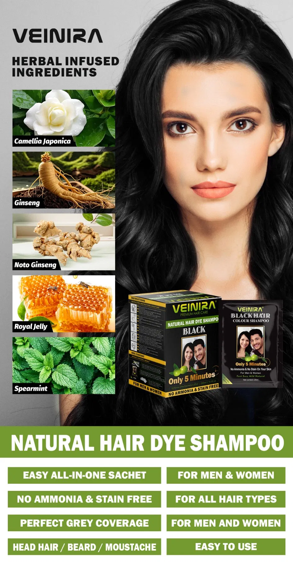 Veinira Hair Dye Shampoo Brown 100% Cover Grey Hair No Stain Skin