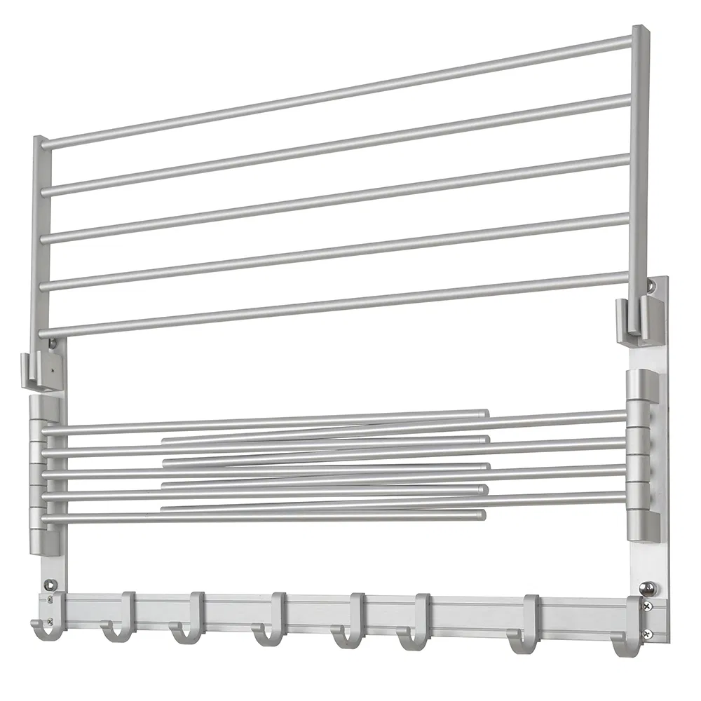Silver Hotel Wall Mounted Aluminum Towel Shelf Bathroom Towel Racks with 8 Hooks 24inch