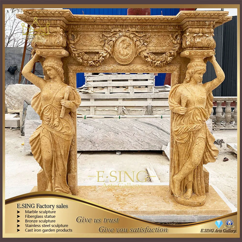 High-Quality Luxurious Character Sculptures Beige Marble Fireplace Mantle