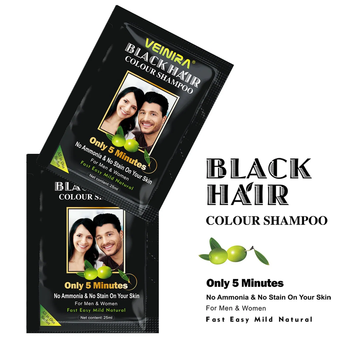 Veinira Hair Dye Shampoo Brown 100% Cover Grey Hair No Stain Skin