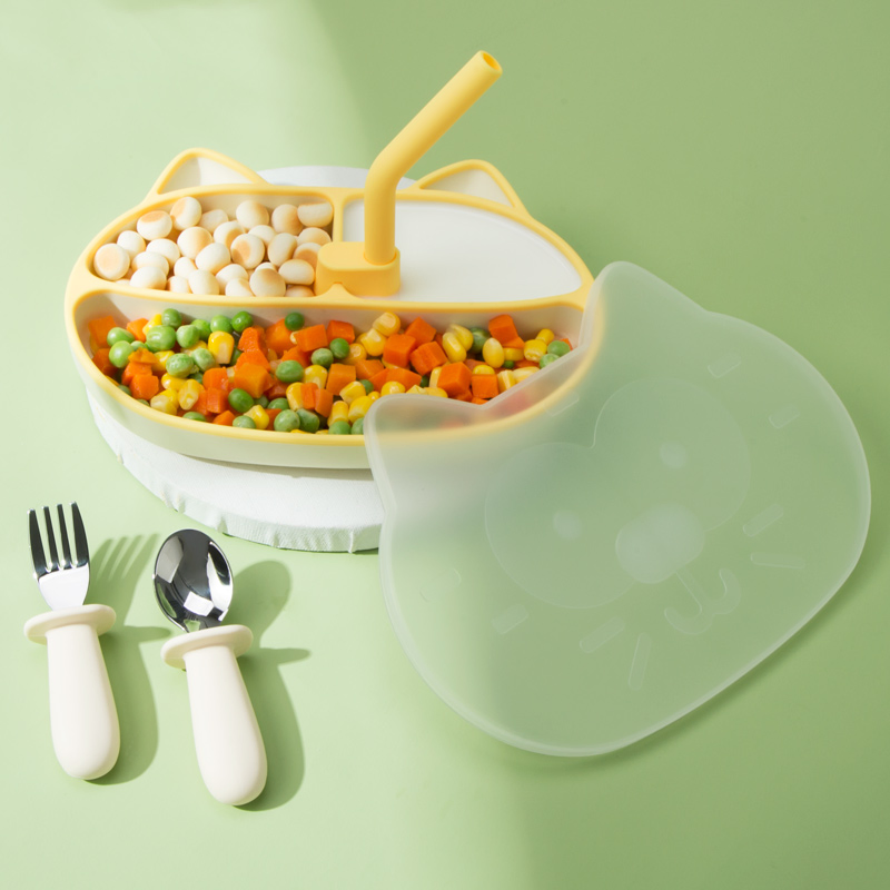 Bpafreenon Toxic Divided Design Cartoon Cat Plate Cute No Spill Reusable Baby Product Silicone Feeding Suction Plate with Lid