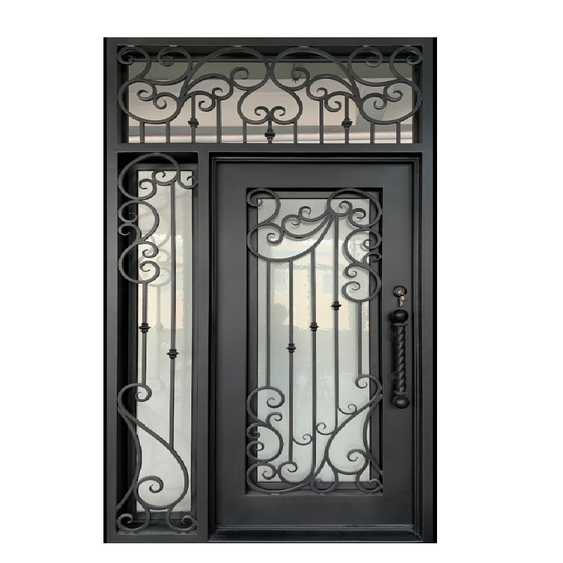Black Colour Wrought Iron Security Steel Glass Metal Single and Double Entry Front Entrance Door
