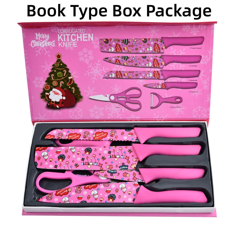 Wheat Straw Kitchen Knives, Food Safe Stainless Steel Knife, 4 Knives, Scissors, Peeler 6PCS Small Set Kitchen Knife Set in Book Type Box--X-Mas Pink