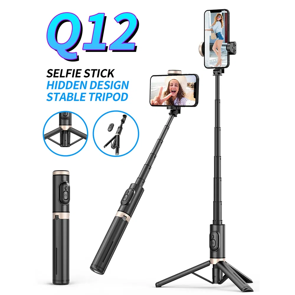 Q12 Mobile Phone Holder Tripod Extendable Aluminium Alloy Pole Live Streaming Selfie Stick with Bluetooth Remote Control - Black