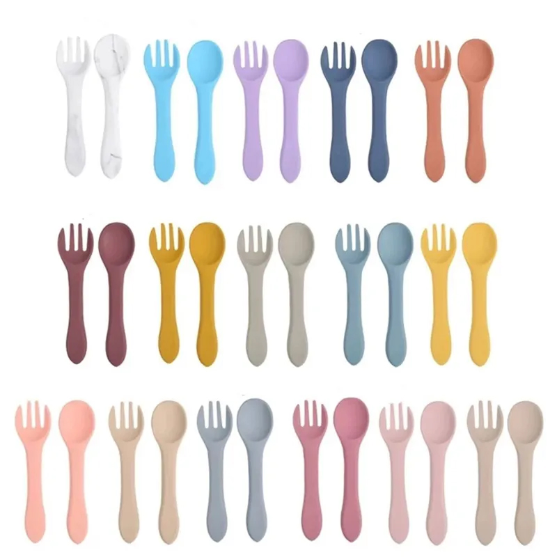 High Quality Multi-Color Training Baby Feeding Silicone Tableware Spoon Fork
