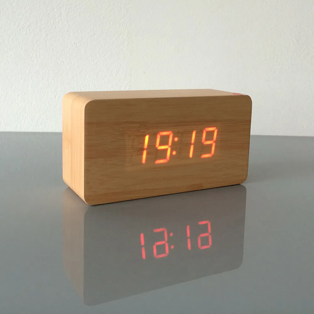 Rectangle Desktop Wood LED Alarm Temperature Clock Student Gift
