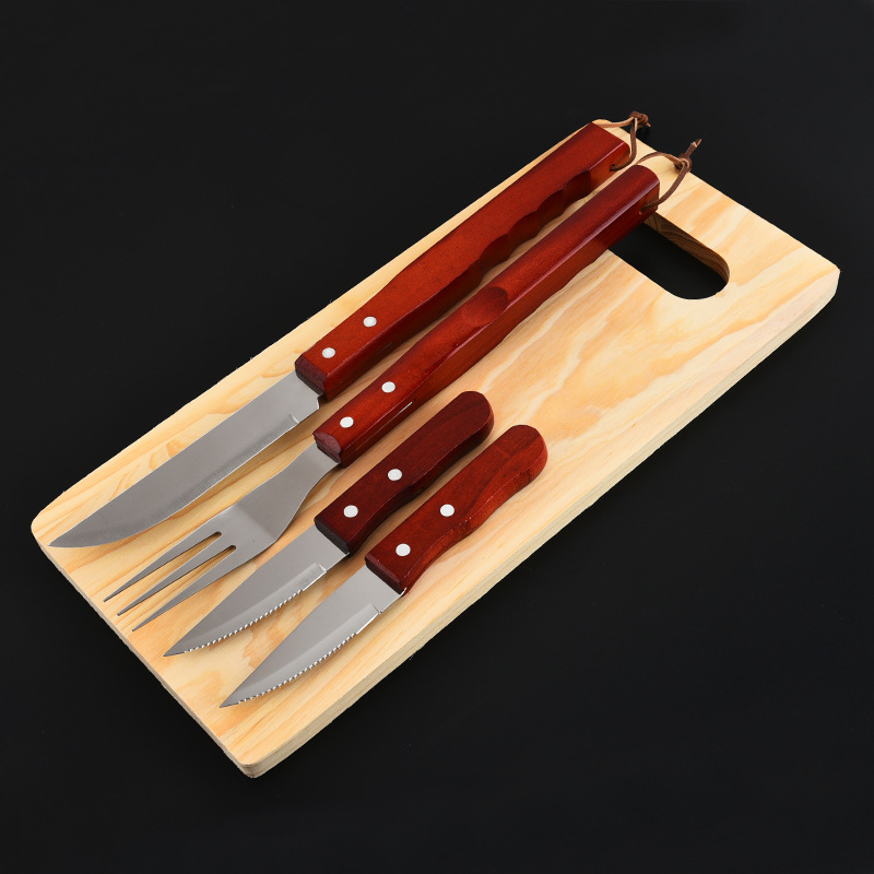 Wholesale Multifunctional Portable Grill Set Stainless Steel Wooden Handle Steak Knife, Fork and Spoon BBQ Tools Set