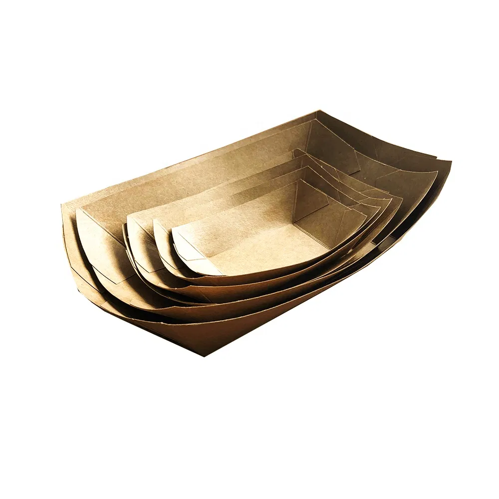 Disposable Kraft Paper Food Trays, Small Recyclable Eco Take-out Boat Tray