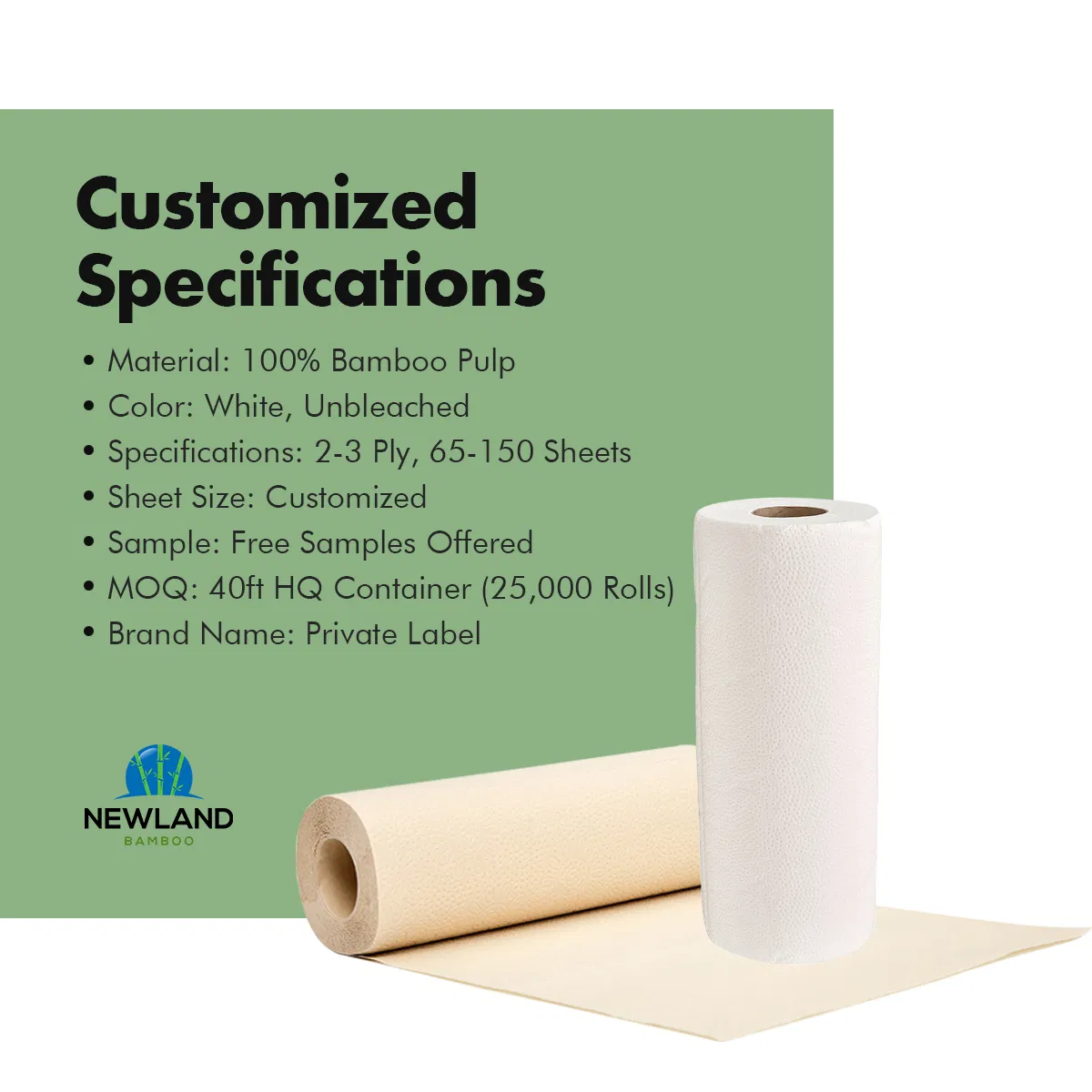 Customize Private Label 2-4 Ply Layer 100% Bamboo Pulp Kitchen Paper Towel