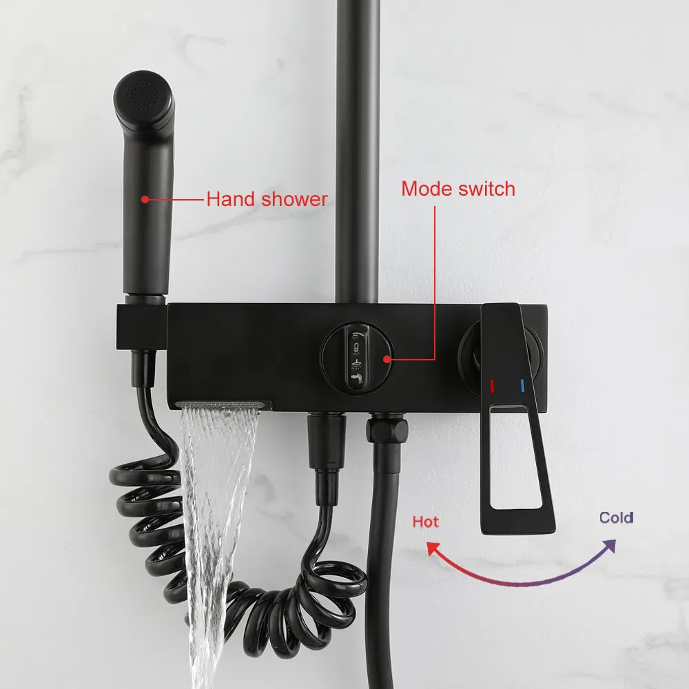 3 Functions Matt Black Bathroom Rain Shower Bar Brass Bath Faucet Screen Shower Mixer Shower with Shelf, Rain Shower, Hand Shower, Spout