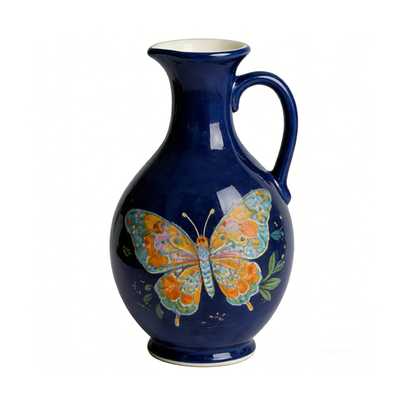 Ceramic Water Pitcher with Hand-Painted Butterfly & Floral Design
