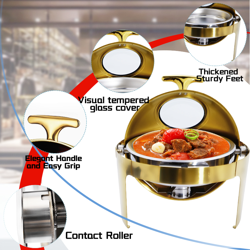Daosheng Gold Luxury 6L Commercial Round Restaurant Supplies Chaffing Dish Food Warmer Roll Top Chafing Dish Buffet Stove