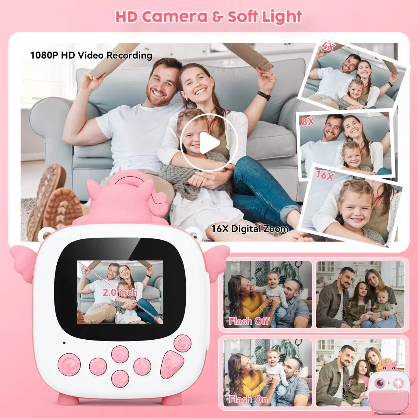 2inch Silicone Material 1080P 16X Zoom Children Toy Dual Lens with Instant Printer Kids Camera