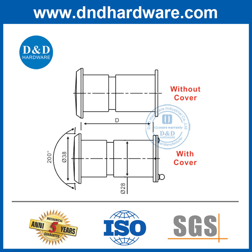 Wide Vision 200 Degree Fisheye Door Peephole for Metal Doors