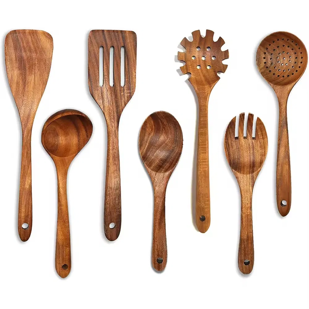 a Set of 7 Natural Acacia Wood Spoons, Forks, Spatulas, and Kitchen Utensils