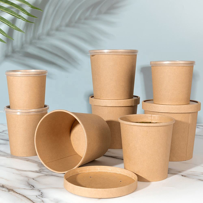 Disposable Kraft Paper Soup Bowl with Paper Lid Snacks Noodle Takeaway Packaging Soup Cup