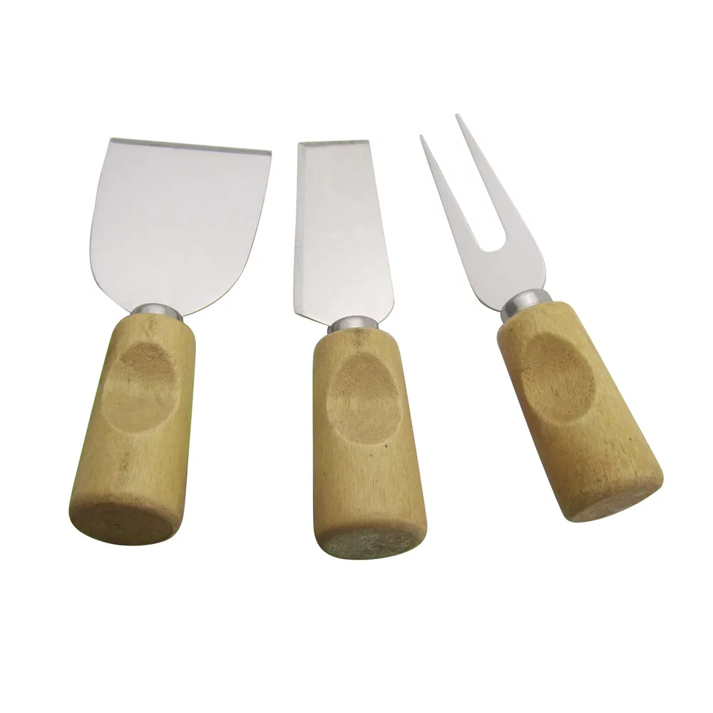 3PCS Cheese Knife and Fork Set with Rubber Wood Handle