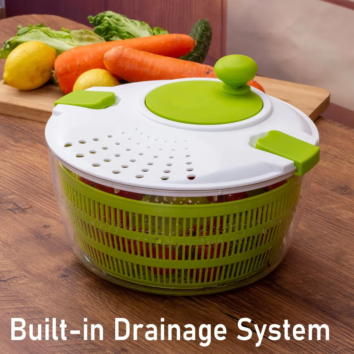 Forest Green Manual Salad Spinner with Secure Locking Clips & Anti-Slip Silicone Base