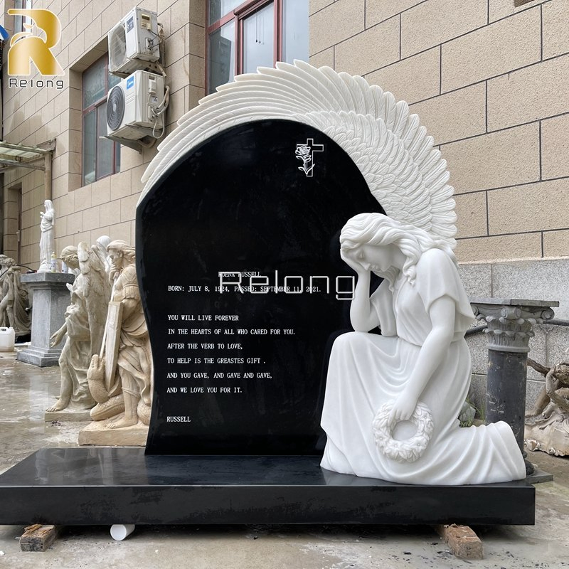 Custom Black Marble Memorial Headstone Tombstone with White Marble Weeping Angel Statue