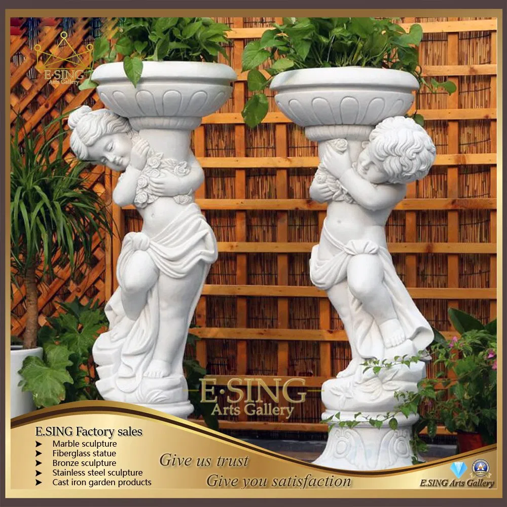 Outdoor Park Garden Natural Stone Hand Carved Flowerpot Large Marble Planter Pot with Baby Girl Statue