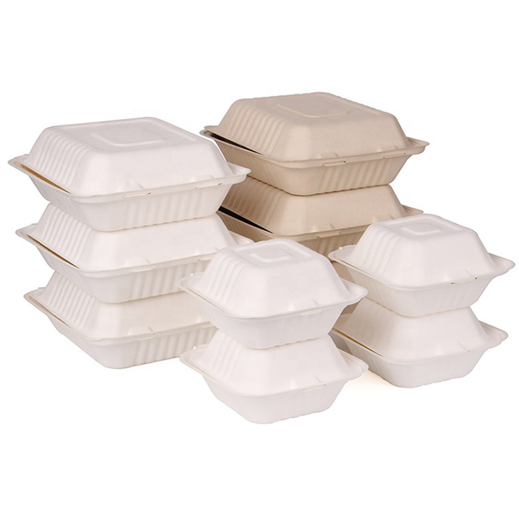 8X8X3" Compostable 3-Compartment Clamshell Sugarcane Bagasse Pulp Hinged Food Container