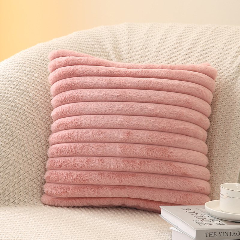 Xinlan Solid Color Vertical Stripe Faux Rabbit Fur Pillow Cover Single Side Minimalist for Sofa Living Room Bed Decor