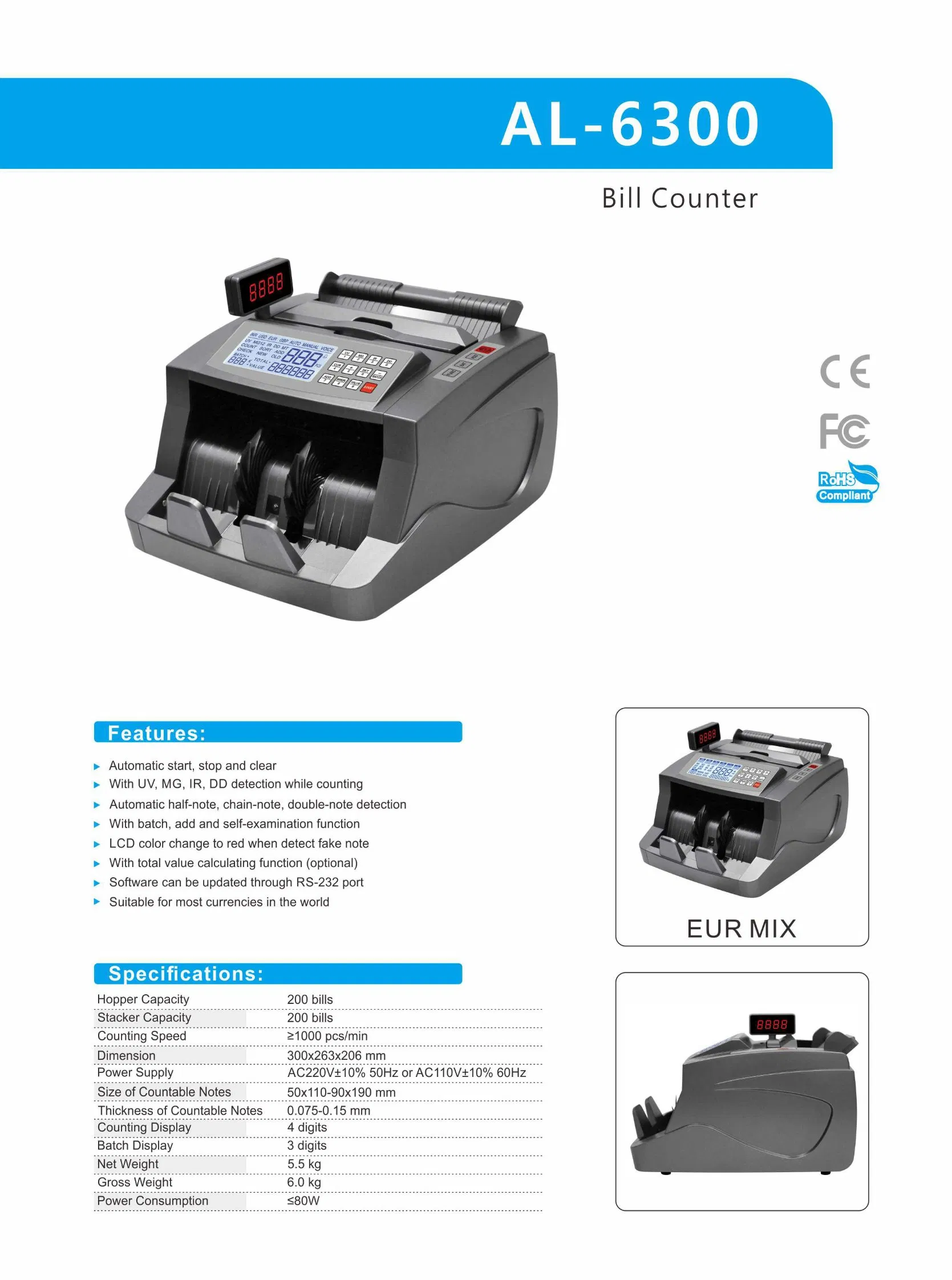 Al-6300 Money Counting Machine Mix Bill Value Money Cash Counter Euro USD Bill Counter of Bills
