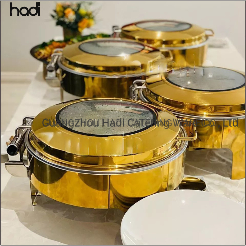 Catering Equipment Stainless Steel Food Warmer Big Golden Newest Design Rectangulaire Transparent Cheffing Luxury Glass Cover Roll Top Chafing Dish