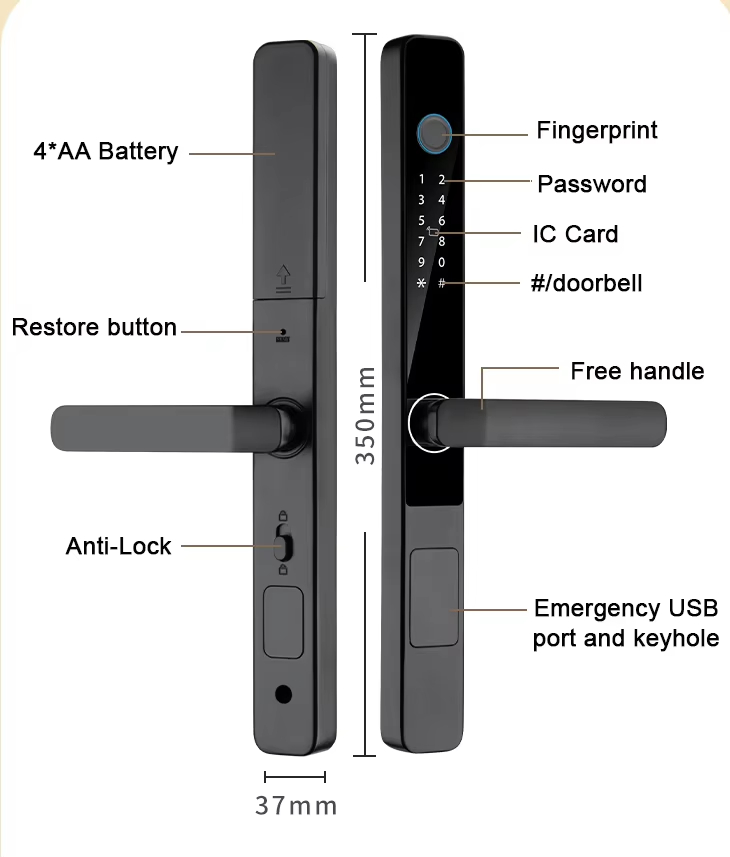 S608 Waterproof Ttlock Tuya Smart Key Digital Locks 92 Mortise Fingerprint Aluminum Electric Sliding Glass Door Locks