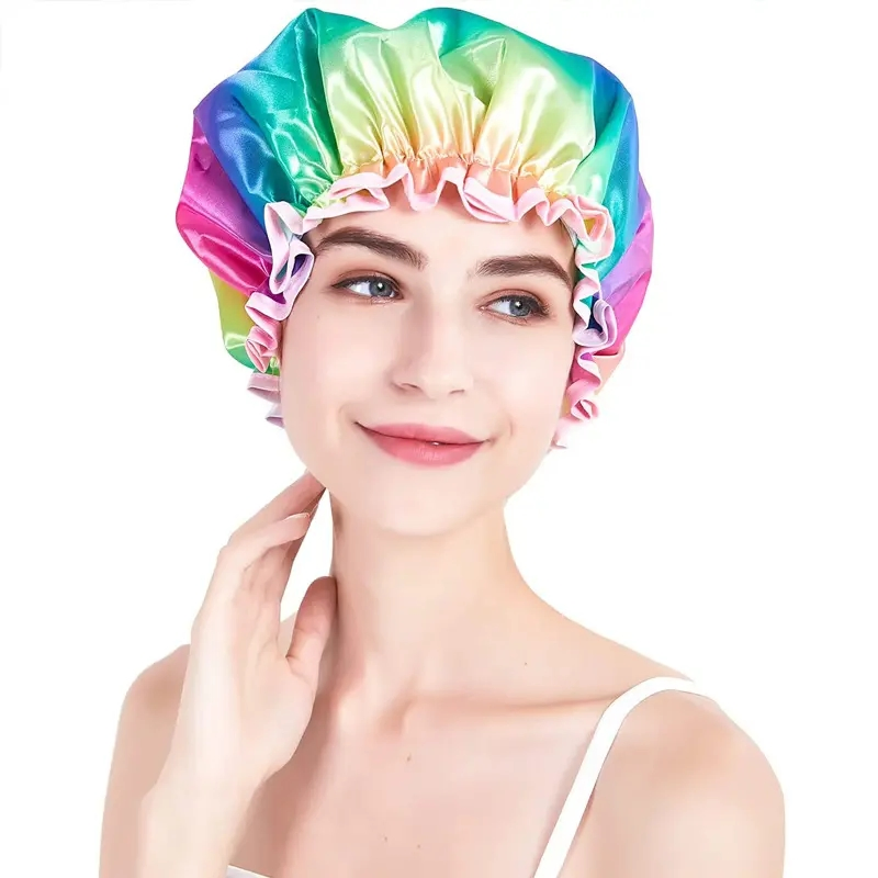 Custom Large Rainbow Double Waterproof Satin Lined Shower Cap
