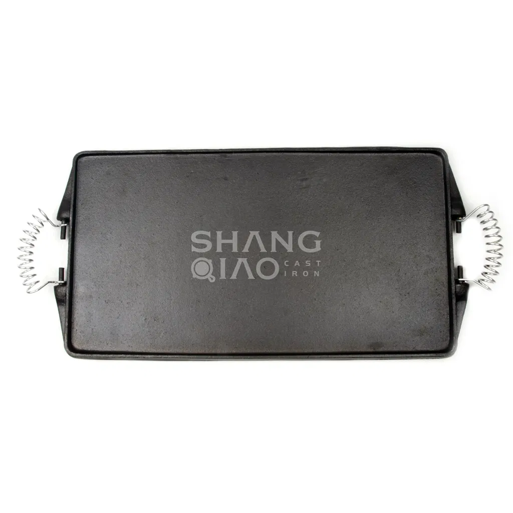 Multi-Use Cast Iron Reversible Grill Griddle Plate Rectangular with Coil Grip Handles