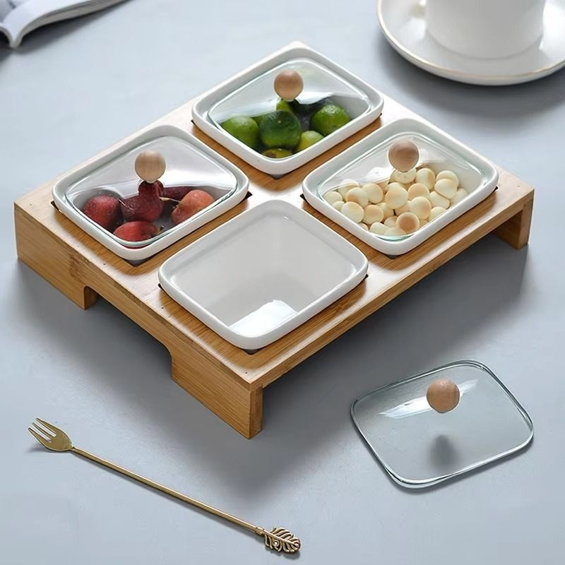 White Ceramic Snack Dishes Presented on Bamboo Board Serving Platter Tray with 6 Ceramic Snack Nibbles Bowls