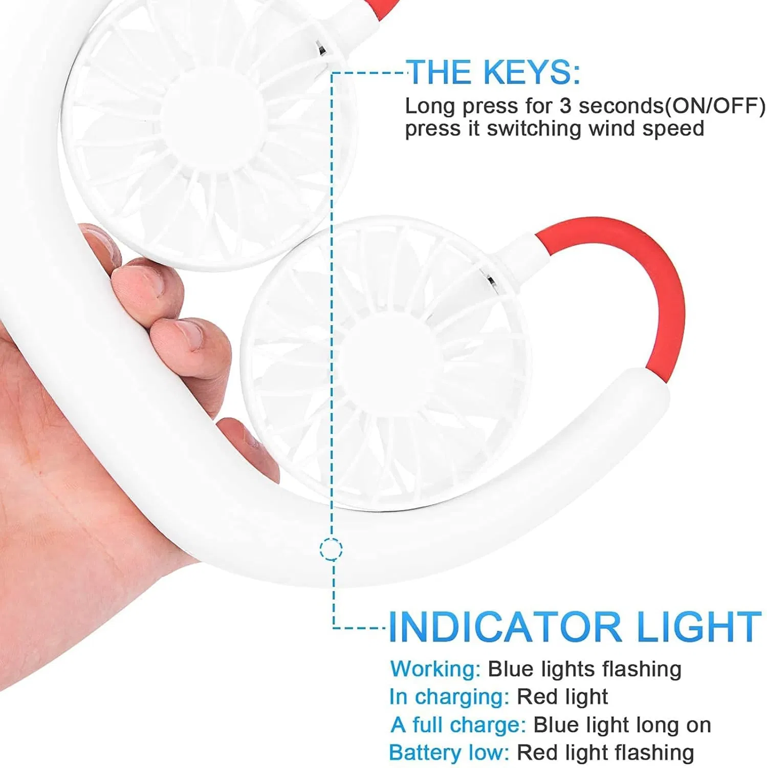 Ds-7009 Portable Mini Neck Fan - Small Personal Cooling Device with Flexible Design - LED Light Double Wind Head - USB Rechargeable Battery - Portable Neck Fan