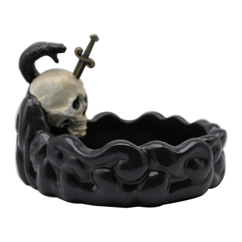 Popular Resin Skull Sculpture Crafts and Gifts Resin Halloween Skull Head Black Kendo Ashtray