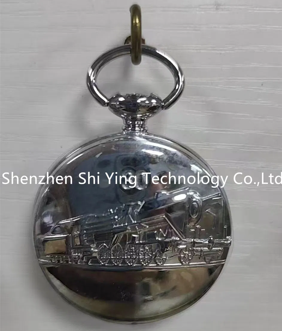 Antique Retro Vintage Railroad Silver Train Embossed Pocket Watch with Chain