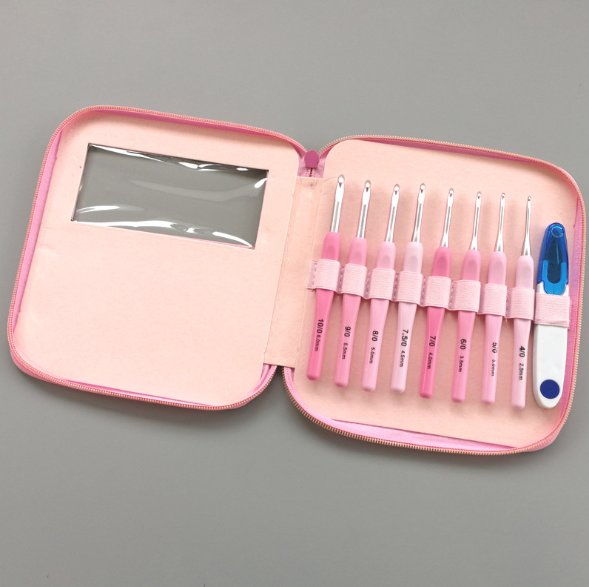 Hot 9PCS/Set Pink Aluminum Crochet Hooks Set Crochet Needle Case