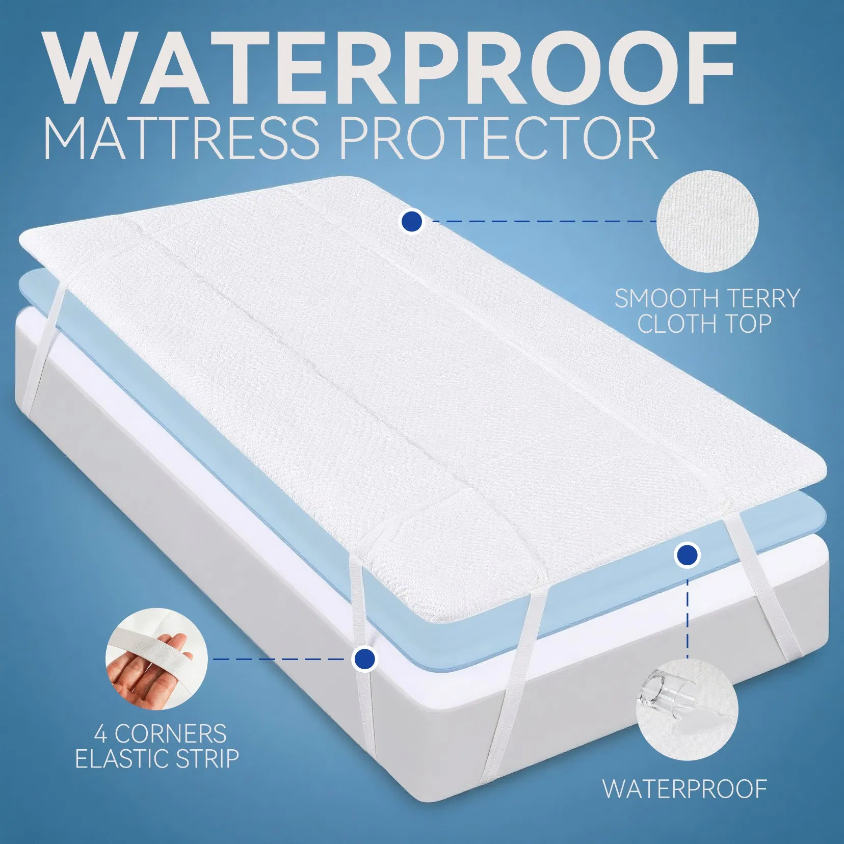 Mattress Protector, China Manufacturer Waterproof, with Elastic Corner Straps Topper, Breathable