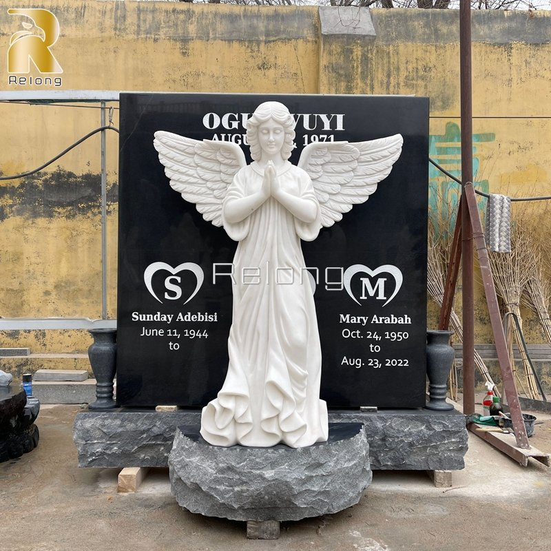 High Quality Marble Carving Stone Tombstone Hand Carved Marble Angel with Heart Monument for Sale