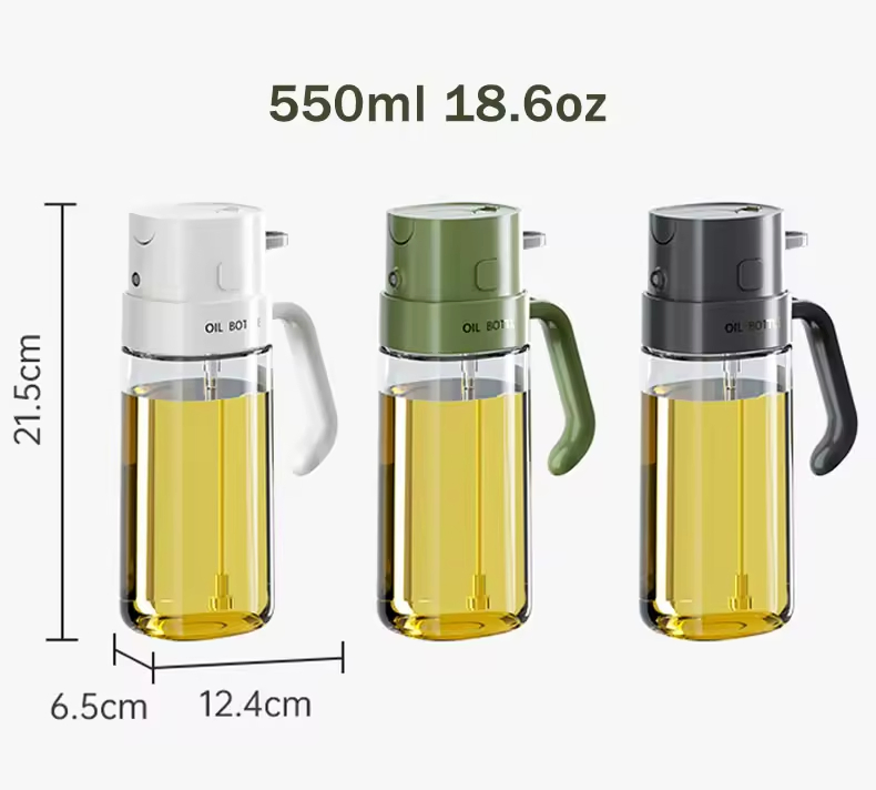 18.5oz 550 Ml Oil Sprayer Pot Kitchen Cooking Pouring Press Olive Vinegar Coconut Glass Bottle Spray Oil Dispenser Bottle 2 in 1
