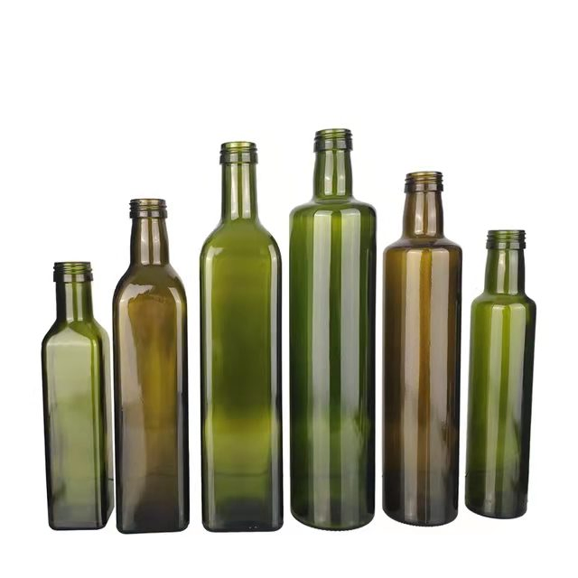 Wholesale 250ml 500ml 750ml 1000ml 1liter Empty Marasca Edible Oil Bottle Green Glass Olive Oil Bottle with Lid