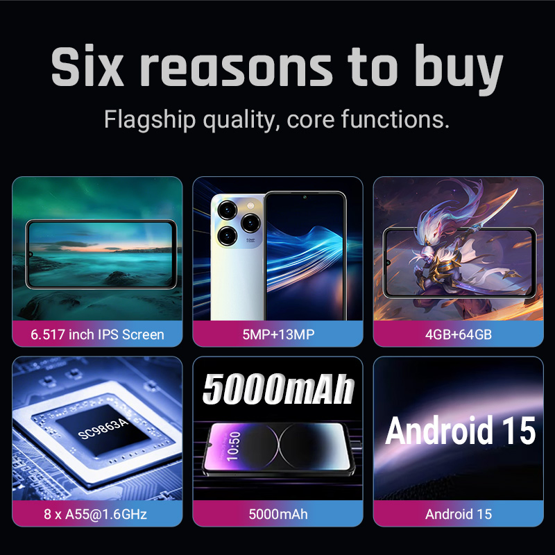 Смартфон Android 15, 6.56", 4/128 ГБ, 5000 мАч, 13 МП камера