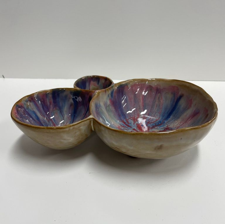 Unique Pink and Purple Mixing Reactive Glaze Ceramic Divided Snack Dinner Plates 3 or 4 Compartmemt Dish