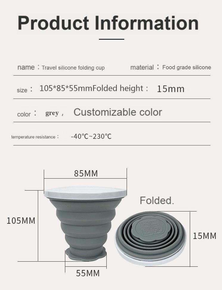 Portable Silicone Folding Cup for Travel. Camping Portable Cup with Hanging Rope and Steel Ring. Food Grade Silicone Folding Cup