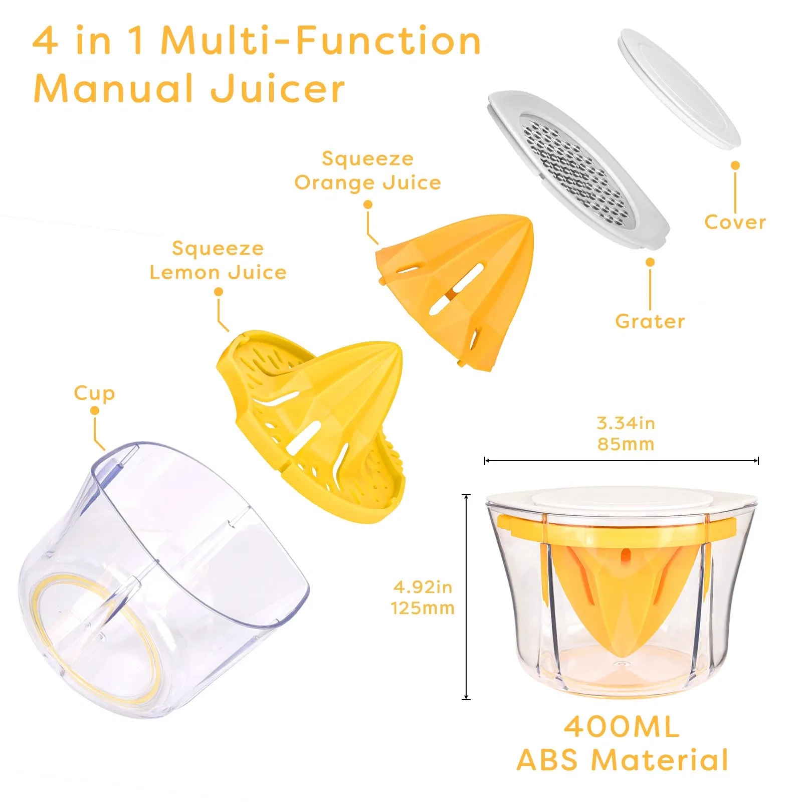 Citrus Orange Juicer Manual 5 in 1 Multifunctional Portable Hand Press Squeezer Lemon Juicer with Built-in Strainer and Grater