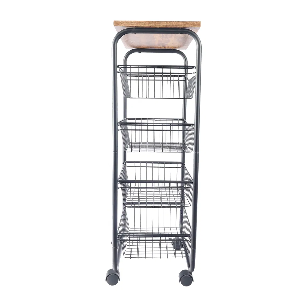 Мобильная кухонная тележка на колесах с 4 полками и корзиной