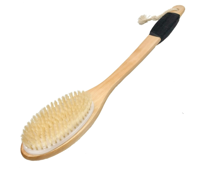 Wooden Curved for Exfoliating Long-Handled Bath Brush with Natural Bristles.