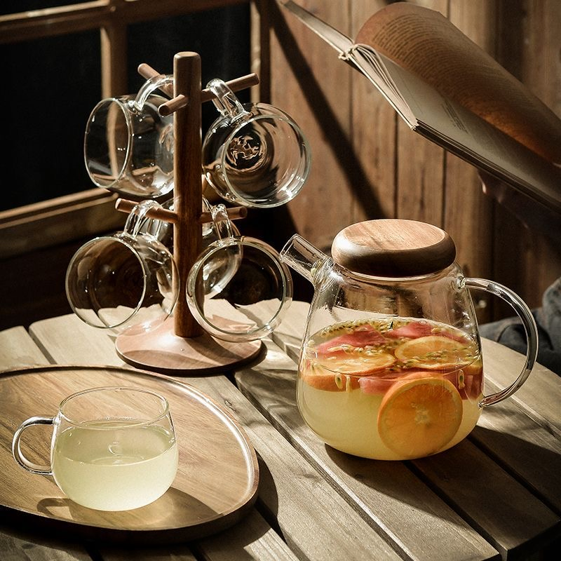 Wholesale Glass Pitcher Water Glass Wooden Lid Pot Set Glass Water Carafe for Household