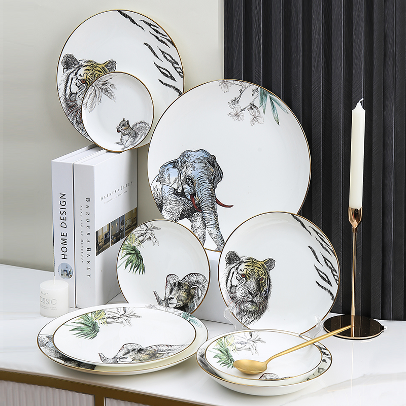 Animal Decal Sample Customization Ceramic Charger Plate Porcelain Bone China Plate Dish Set Dinner Set