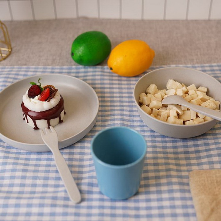 Bamboo Fiber Children Spork Spoon Dinner Plate Cup 5 Pieces Tableware Set